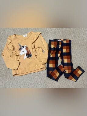 btween Mustard Ruffle Unicorn pant Set with Navy and Rust Plaid Pants size 6